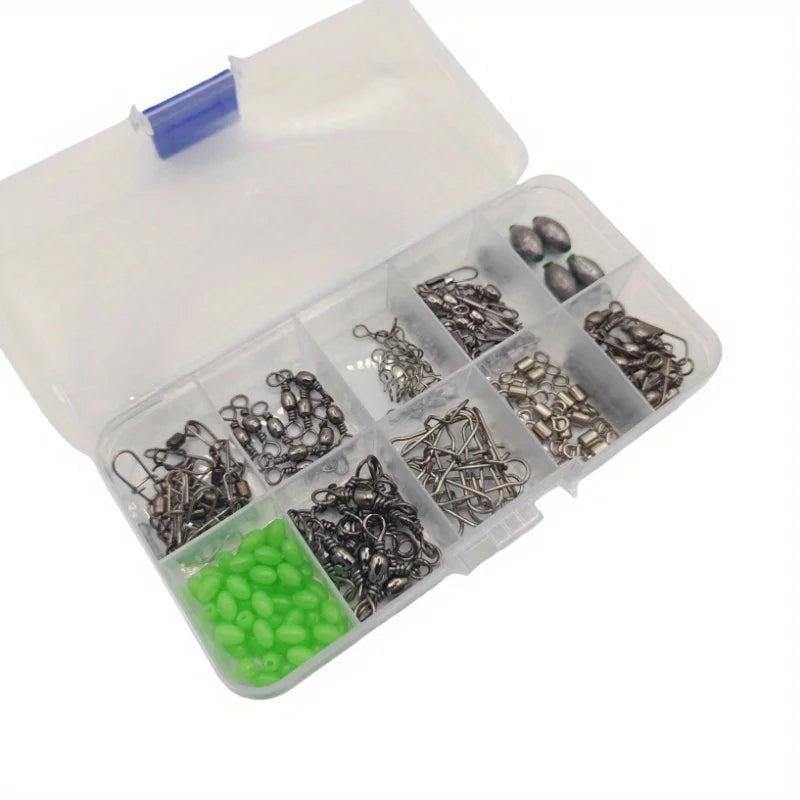 Set de 150 Conectores de Pesca | Giratorios Rápidos, Plomos Tipo Huevo y Cuentas Luminosas