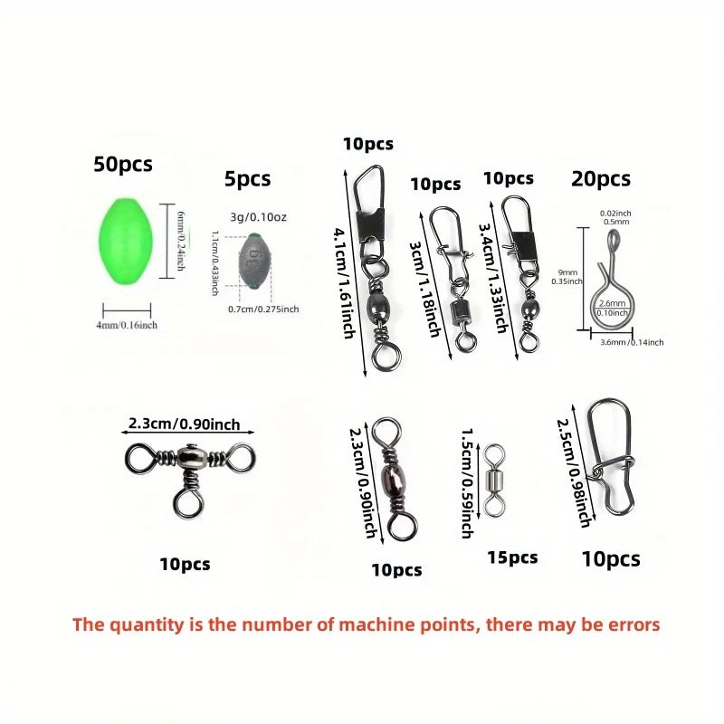 Set de 150 Conectores de Pesca | Giratorios Rápidos, Plomos Tipo Huevo y Cuentas Luminosas