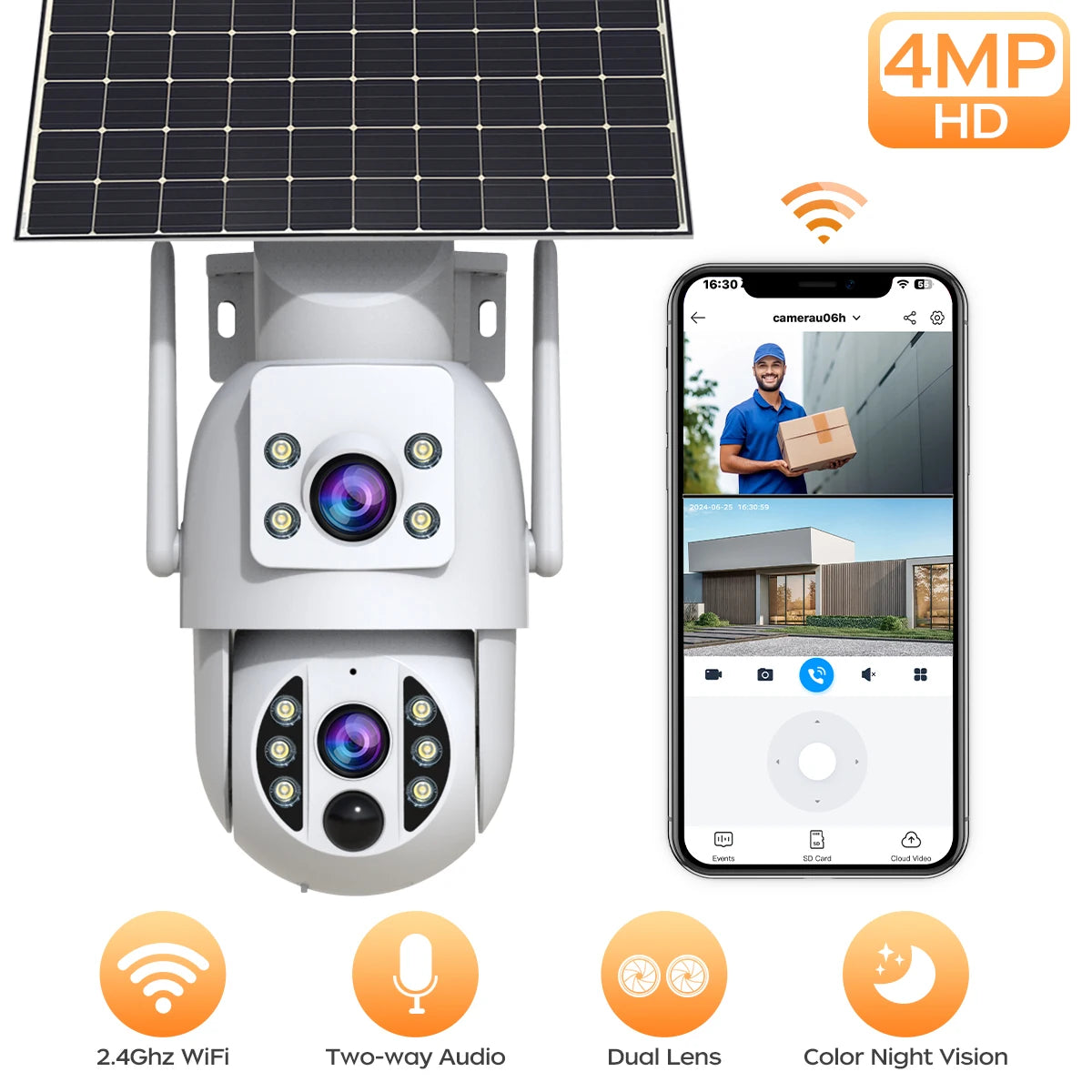Cámara JOOAN 4MP Solar WiFi Exterior con Doble Lente y Batería – Seguimiento Automático y Visión Nocturna PIR