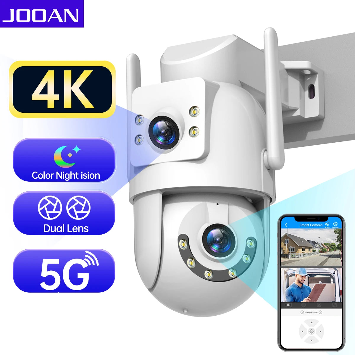 Cámara Jooan 4K 8MP WiFi PTZ Exterior con Zoom 5X, Doble Lente y Seguimiento AI