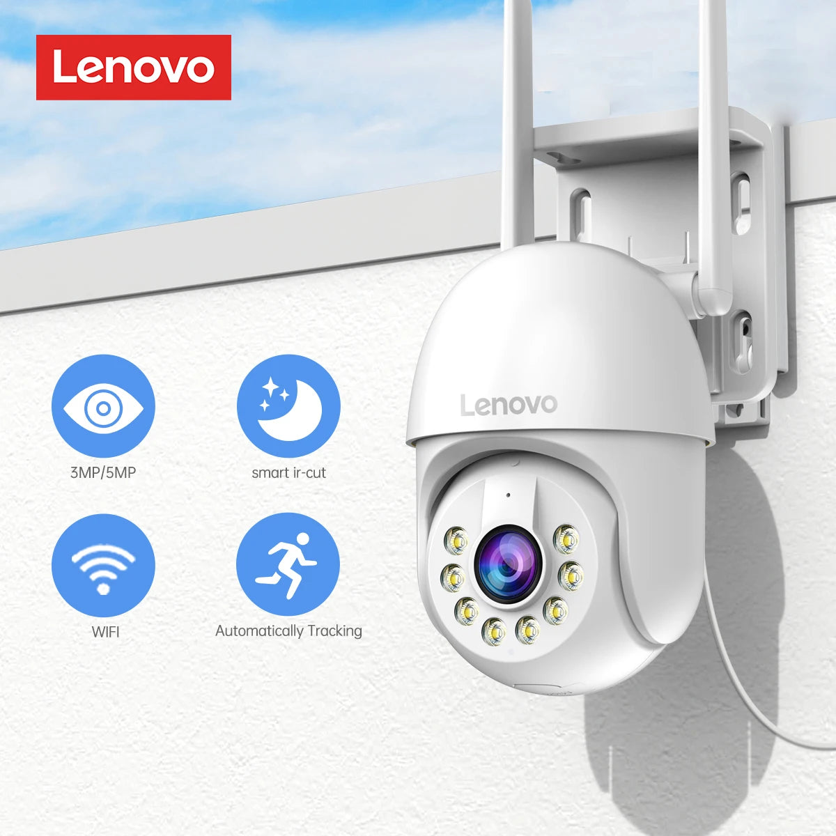 Cámara Lenovo 5MP WiFi PTZ Exterior con Zoom 5X, Seguimiento Automático y ONVIF