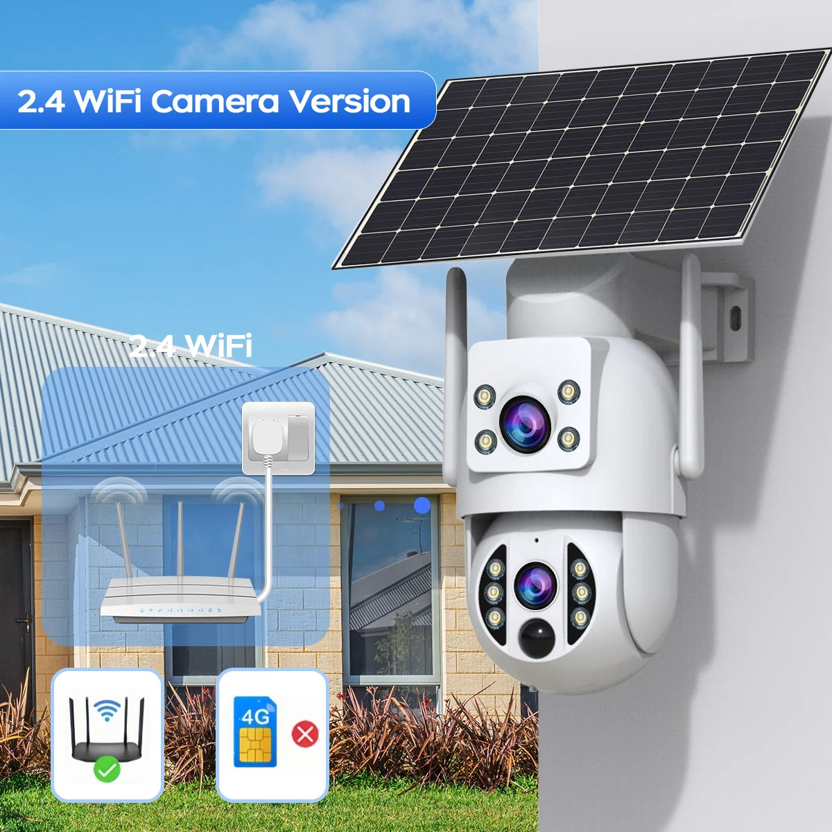 Cámara JOOAN 4MP Solar WiFi Exterior con Doble Lente y Batería – Seguimiento Automático y Visión Nocturna PIR