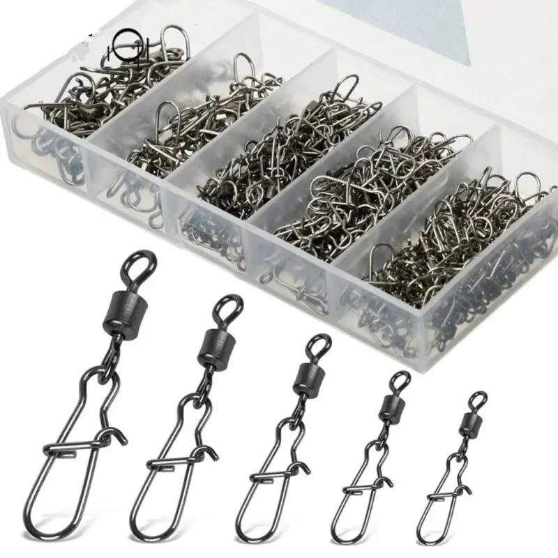 50pcs Conectores de Pesca de Acero Inoxidable con Giratorio y Clip – Tamaños 4# 6# 8# 10# 12#