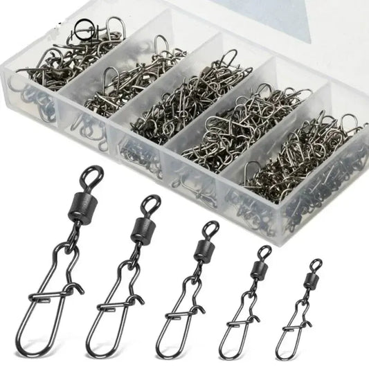 50pcs Conectores de Pesca de Acero Inoxidable con Giratorio y Clip – Tamaños 4# 6# 8# 10# 12#