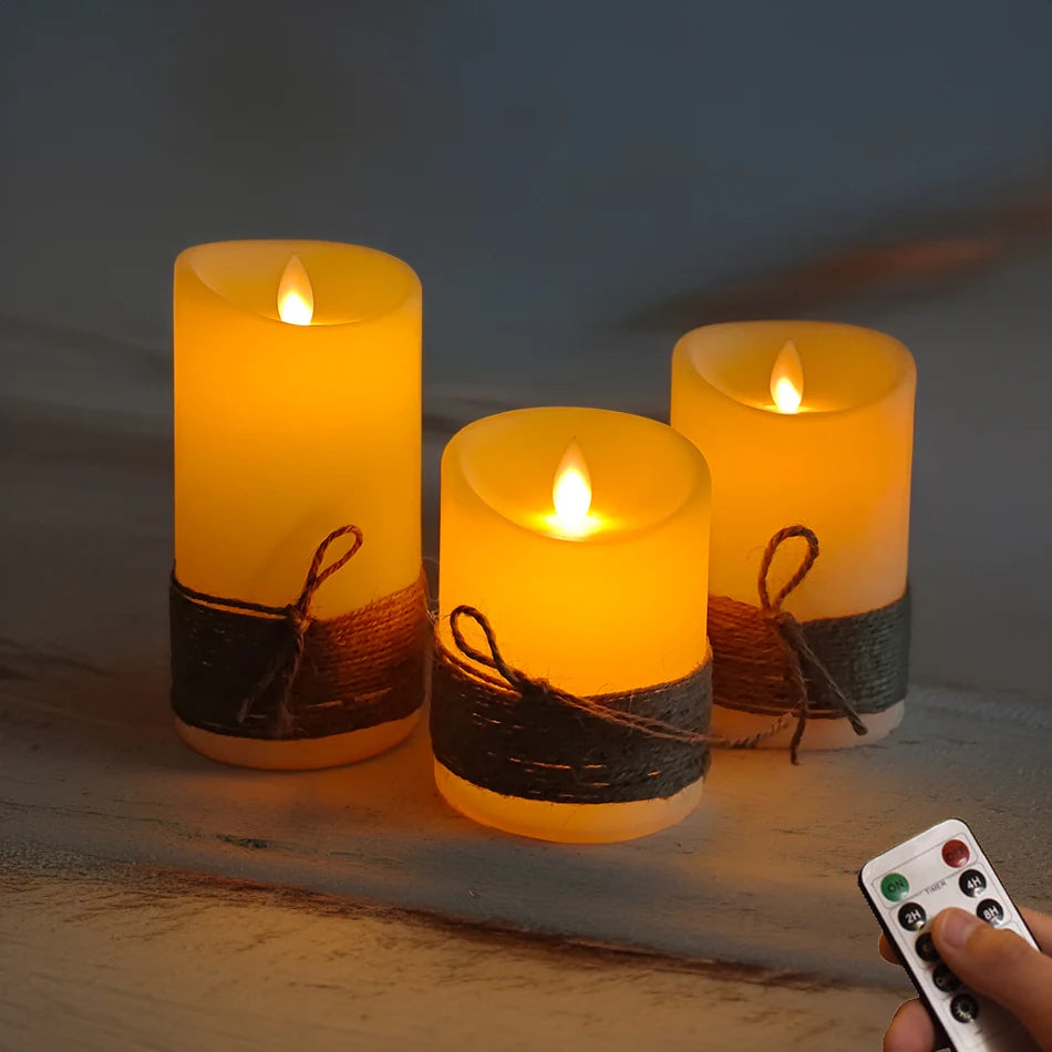 Set de 3 Velas LED con Llama Efecto Real y Cuerda Vintage | Batería o Recargables USB – Luz Ambiental Decorativa