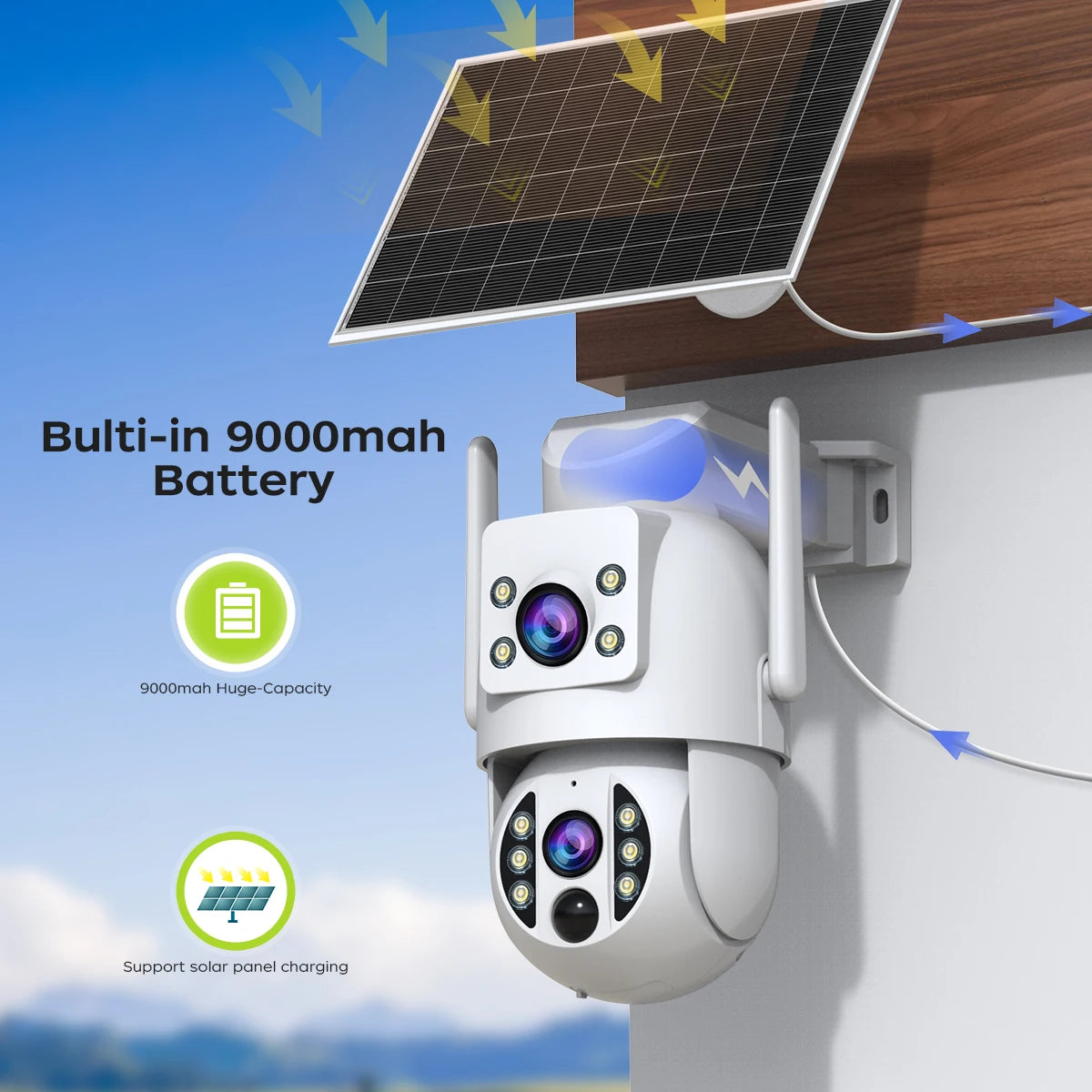 Cámara JOOAN 4MP Solar WiFi Exterior con Doble Lente y Batería – Seguimiento Automático y Visión Nocturna PIR