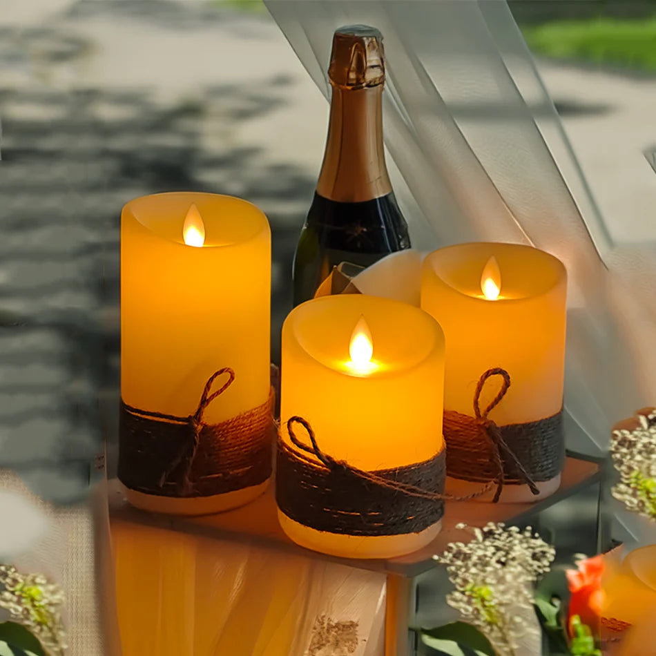 Set de 3 Velas LED con Llama Efecto Real y Cuerda Vintage | Batería o Recargables USB – Luz Ambiental Decorativa