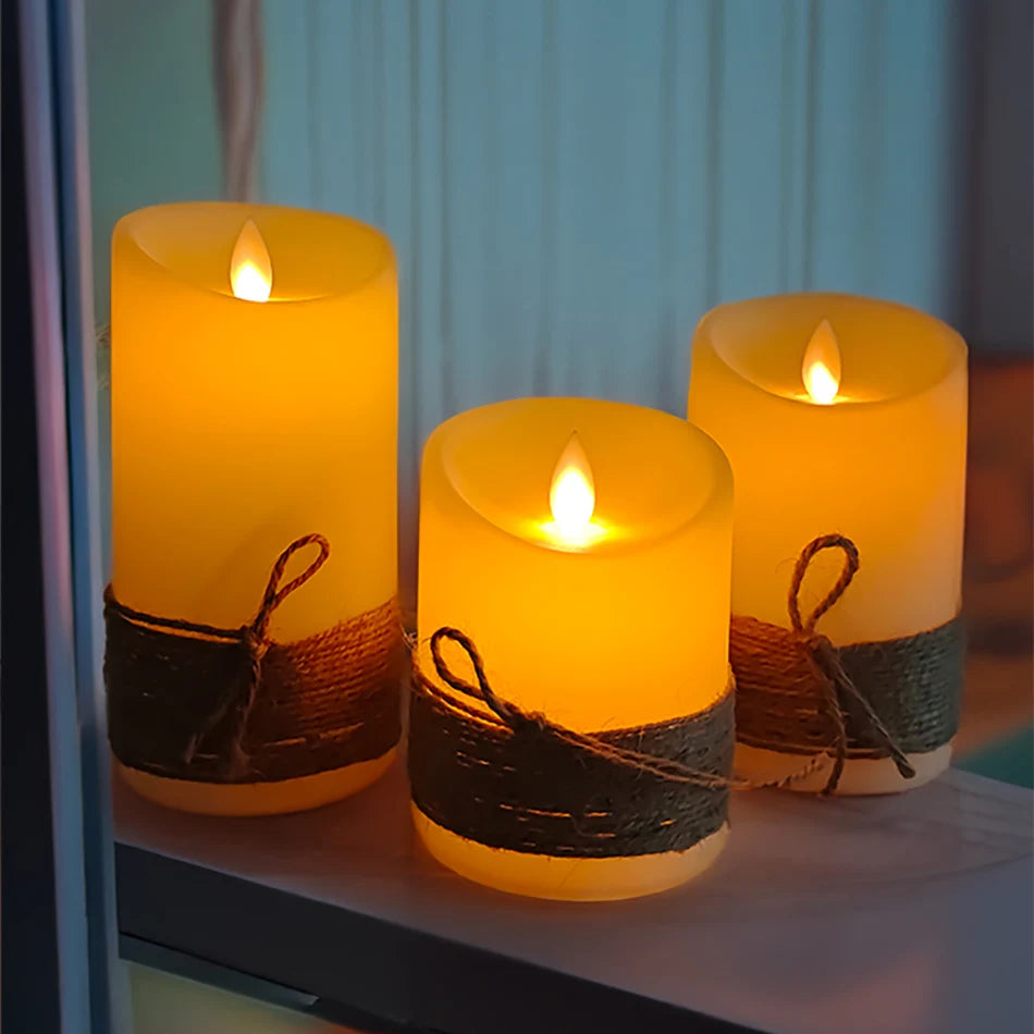 Set de 3 Velas LED con Llama Efecto Real y Cuerda Vintage | Batería o Recargables USB – Luz Ambiental Decorativa