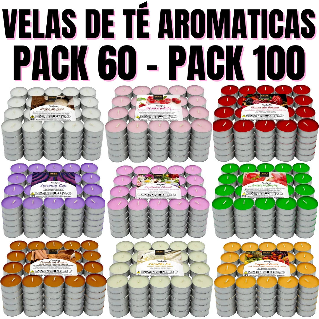 Krown – Pack de 60 o 100 Velas Aromáticas Tealights (4,5h duración) – Vainilla, Canela, Coco, Lavanda y más